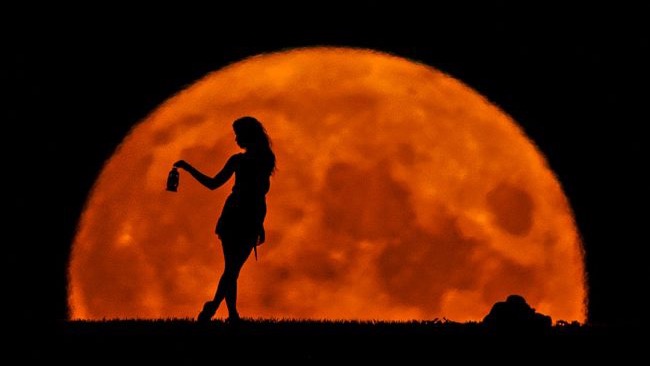 Harvest moon: Giant orange full moon half above horizon with standing, long-haired young woman silhouetted.