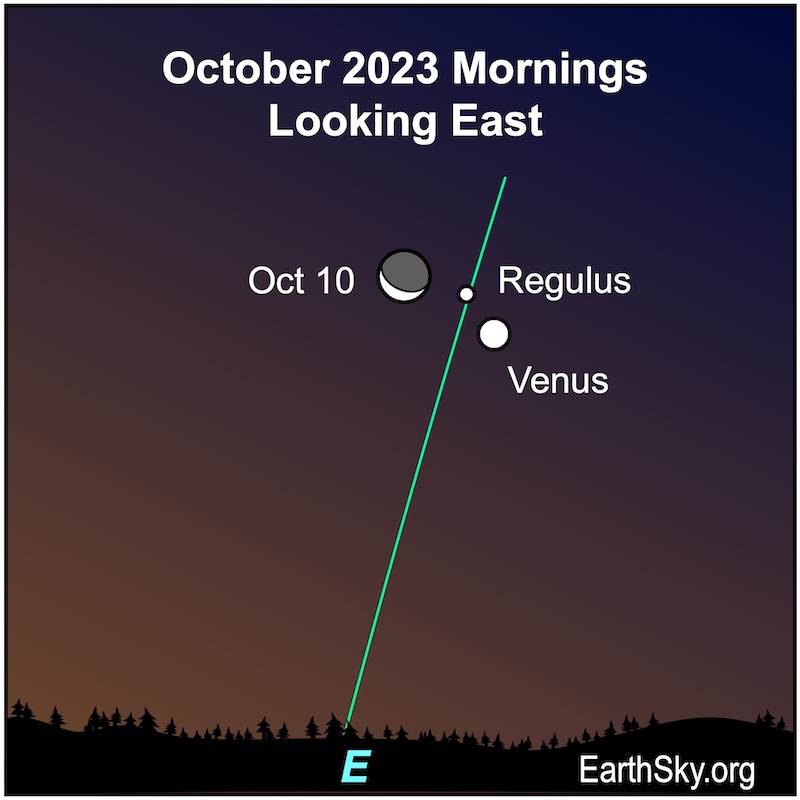 Thin crescent moon near two white dots for Venus and star Regulus along a green ecliptic line.