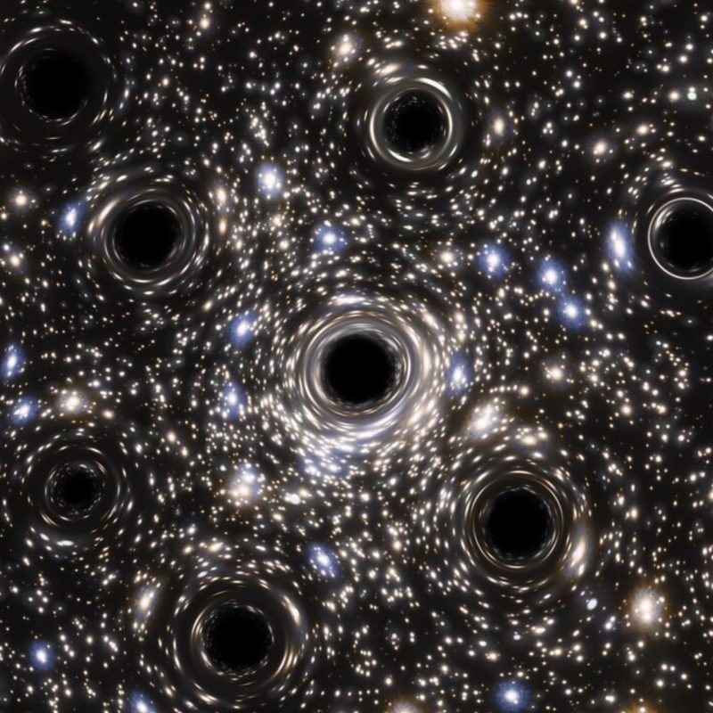 Half a dozen black holes: 10 solid black circles with very many distorted-looking dots swirling around them, on black background.