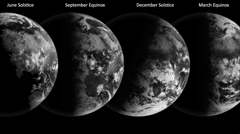 Four black and white images of half-Earth from space, 2 upright and 2 tilted.