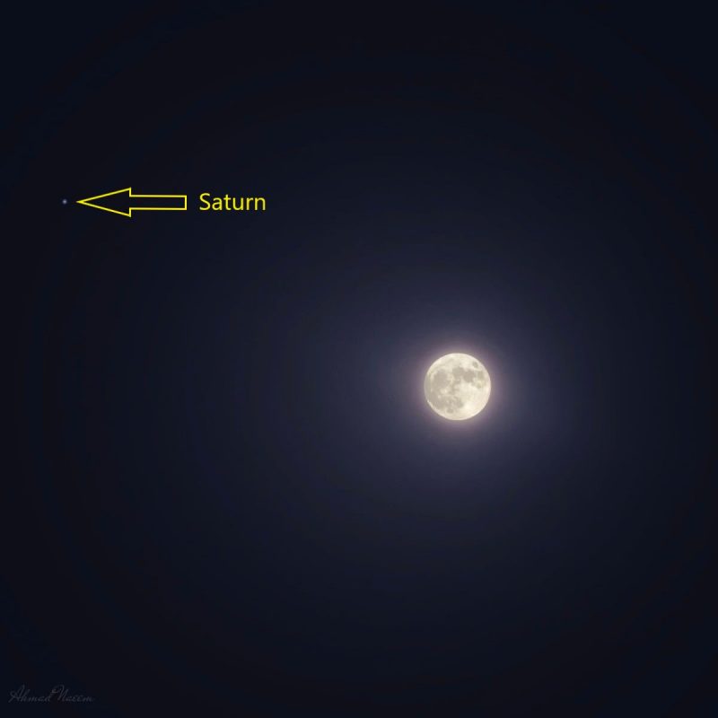 Bright full moon and labeled Saturn with arrow pointing to it.