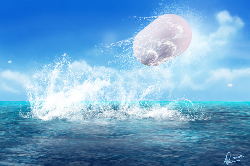 UFO: Large smooth, white oblong object with ocean spray splashing violently upward just below it.