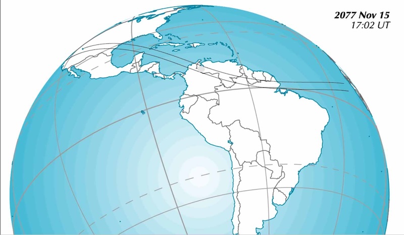 Illustration of Earth on November 15, 2077, showing the path of a solar eclipse across the Americas.