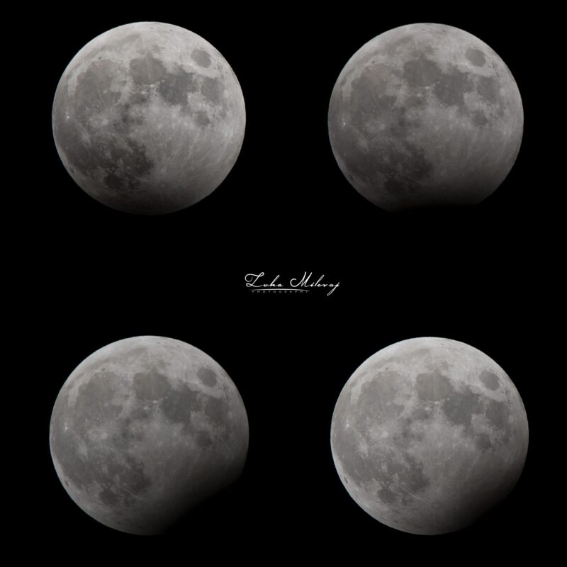 Four images of the partial lunar eclipse with a slight darkening at the bottom of the moon.