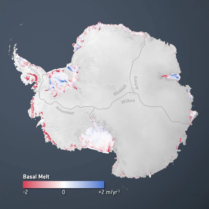 Map of Antarctica with very many red dots and lines along the side, and a few blue; with key to colors.