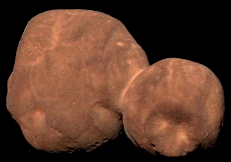 Mounds on Arrokoth: Brownish-colored rocky object with 2 large near-spherical lobes connected together at a narrow neck.