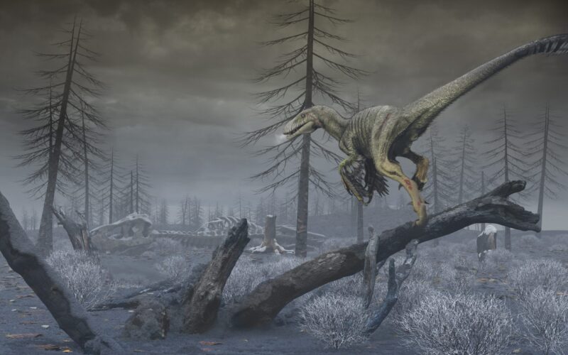 Dust killed the dinosaurs: An emaciated dinosaur under a heavy sky with bare trees and gray dust covering everything.
