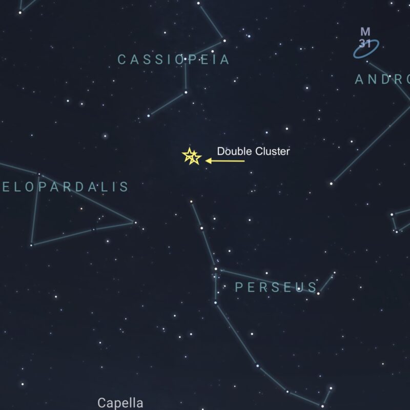 Star chart: outlined constellations and 2 close together yellow stars representing the double cluster.