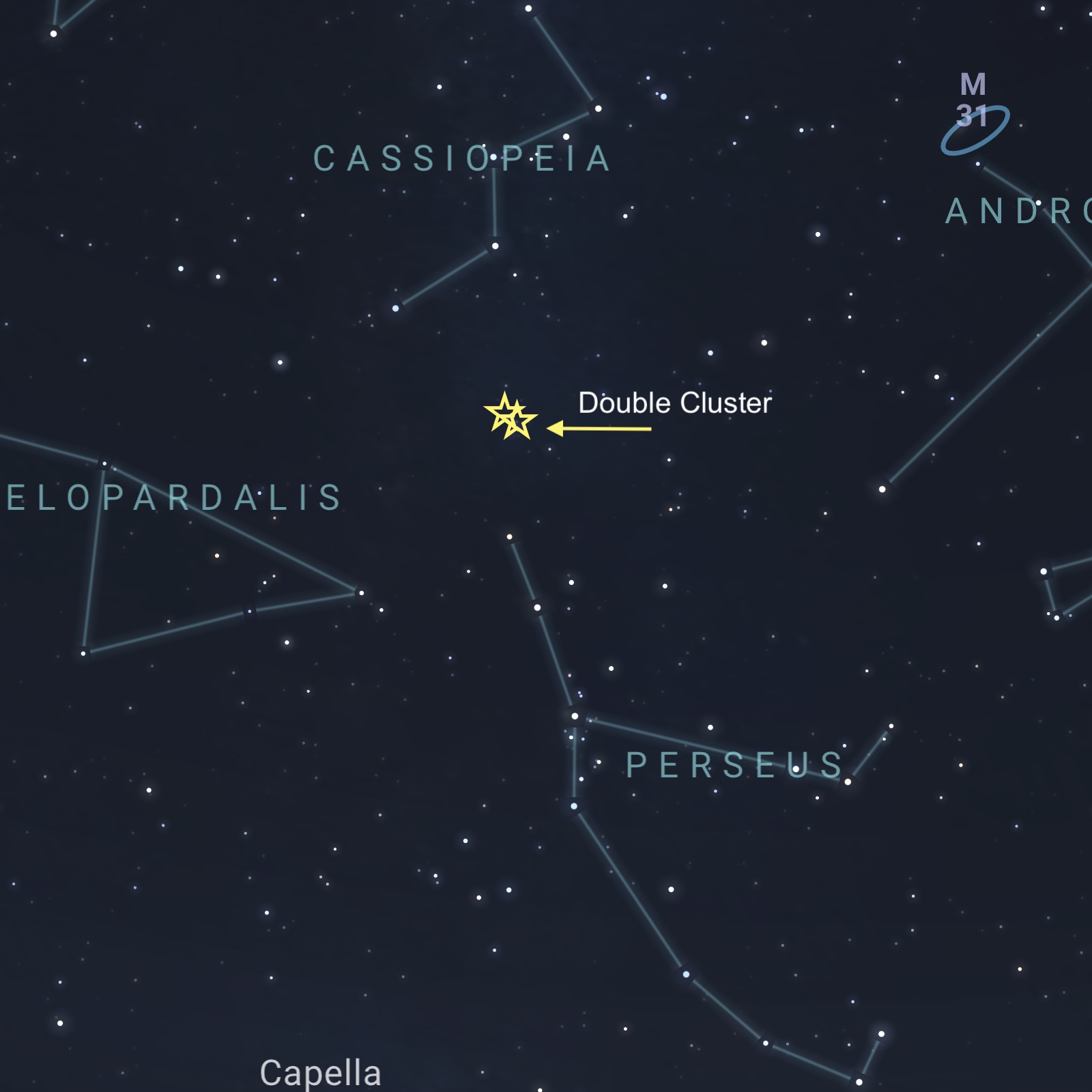 Star chart showing location of the Perseus Double Cluster between Cassiopeia and Perseus.
