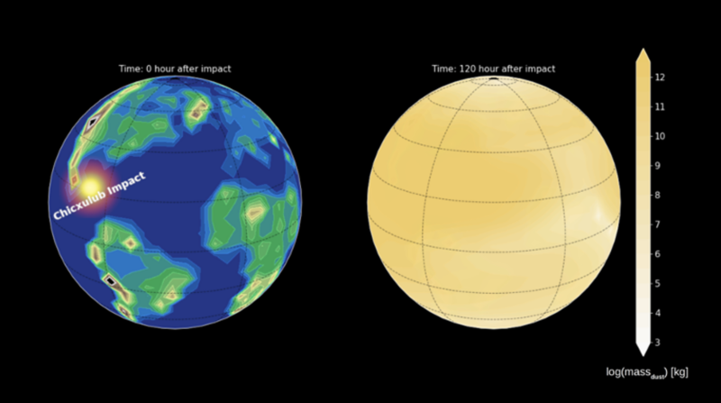 Two Earth globes, on left showing one bright yellow spot, on right showing entire globe in shades of yellow.