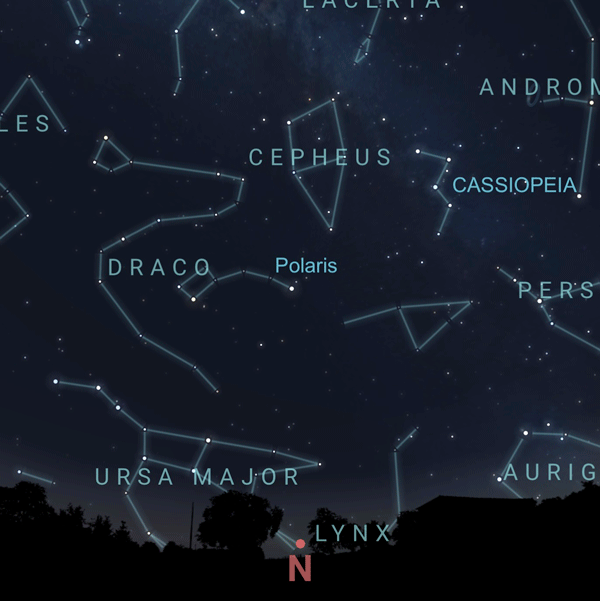 Star chart with constellations and animation of arrows pointing from the Big Dipper to Polaris to Cassiopeia.