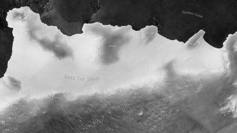 Satellite view: dark area at top, irrregular white area labeled Getz ice shelf, gray area at bottom.