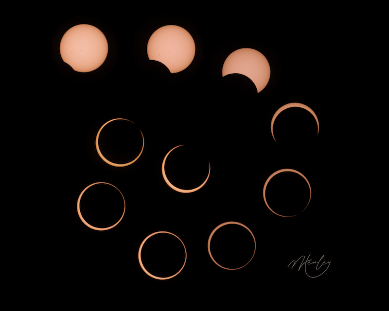 Ten images of yellowish sun, 3 with bites out and 7 very thin, almost circular crescents.