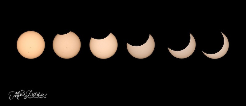 Six images of the sun from solid circle, then with bites out, to thin crescent.