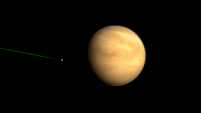 Animation of a distant spacecraft passing by a cloud-covered planet.