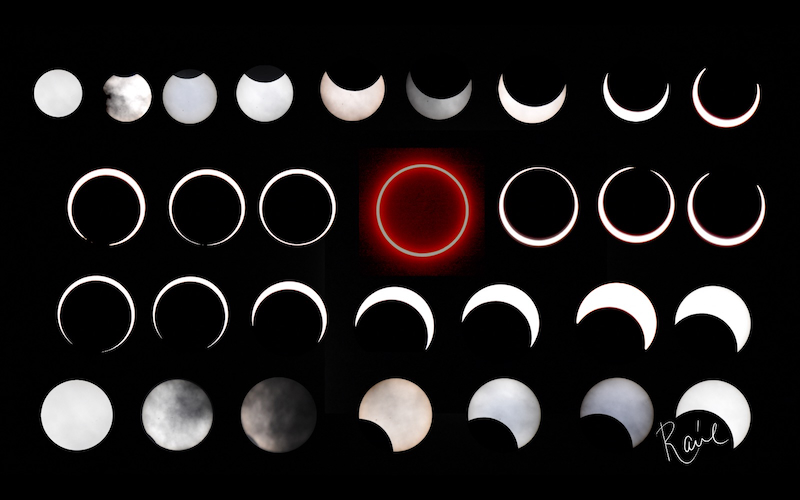 Many images showing progress of eclipse from solid sun through crescents to ring and reverse.