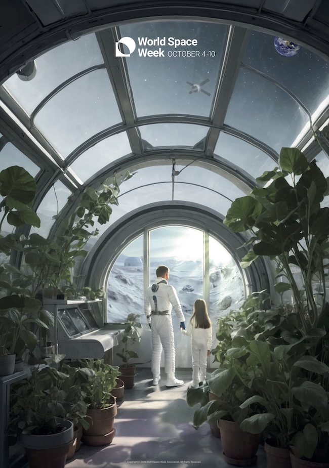 World Space Week: A man and a young girl gaze out from the windows of a greenhouse on a distant planet.