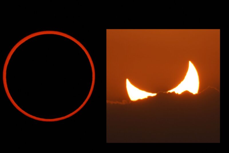 Side-by-side view of a red ring on black next to a bright crescent in red sky, setting behind trees.
