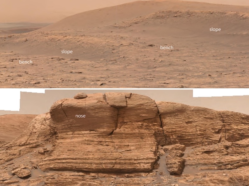 Brownish terrain in rectangle on top and brownish terrain with large layered cliff in rectangle on bottom, with white text.