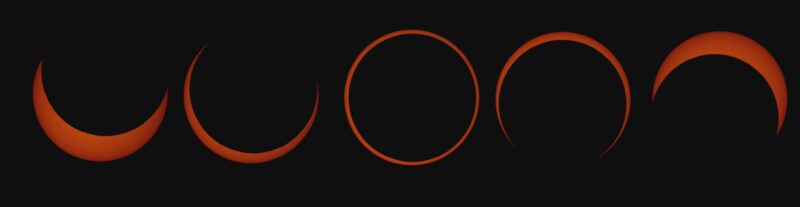 Line of deep orange crescents on black, with an orange ring in the center.