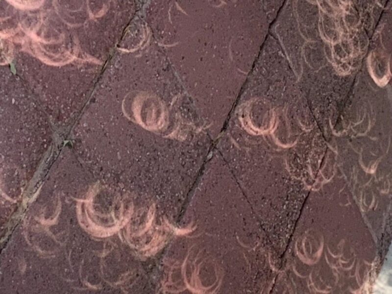 Many scattered rings of light on a deep-red brick pavement.