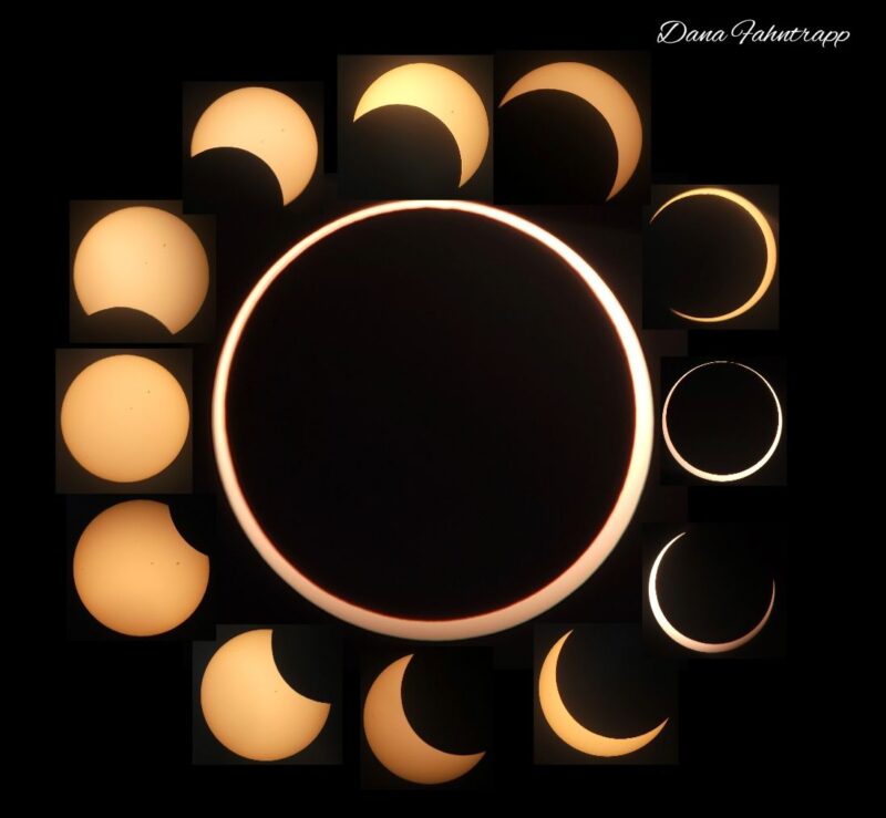 Solar eclipse photos: A bright ring surrounded by different phases of an eclipsed sun.
