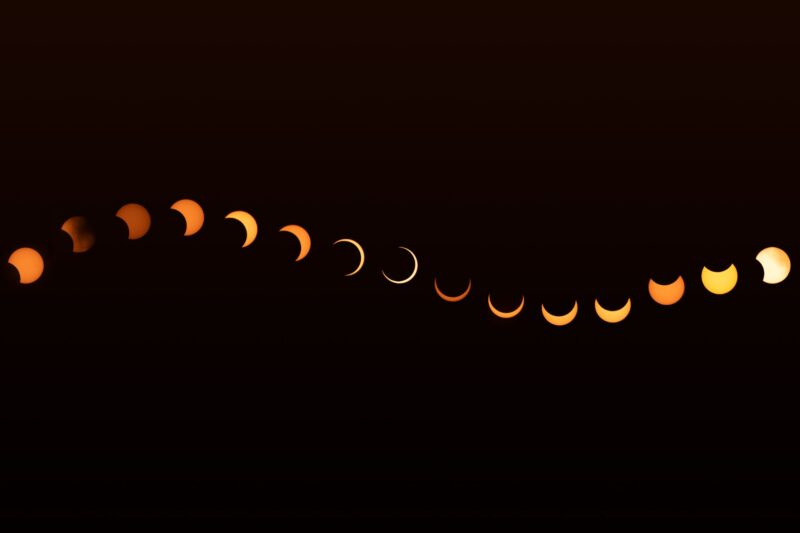 15 shapes of the sun, all of them in orange tones. All of them are put together in a wavy line.