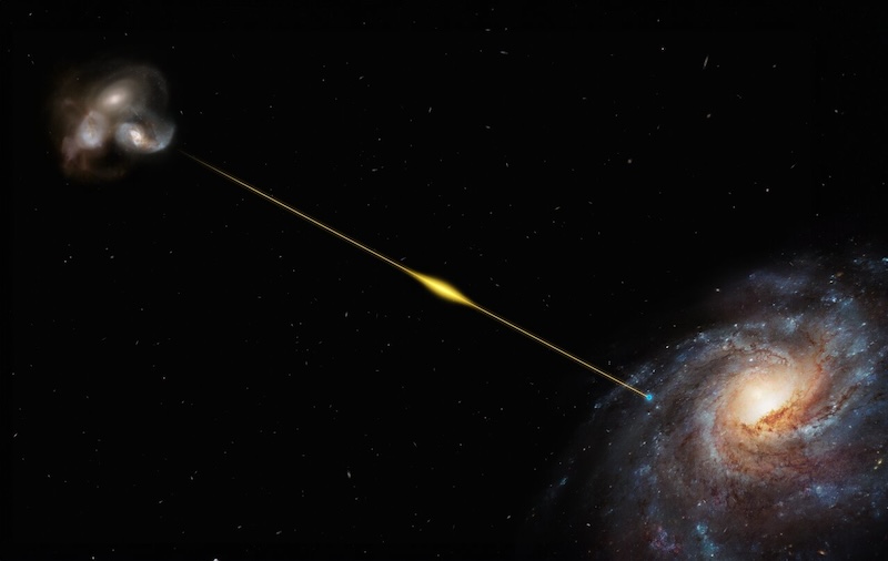 Fast radio burst: 3 small galaxies in upper left and larger galaxy in lower right, with thin whizgigging of light connecting them.