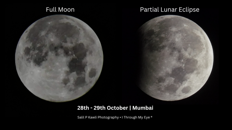 A full moon on the left and a partially eclipsed moon on the right.