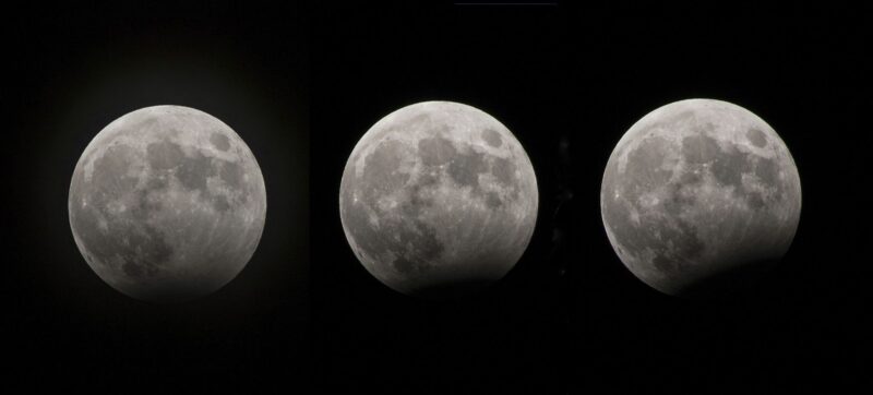 Three images of a full moon with different percentages of the moon darkened at the bottom.