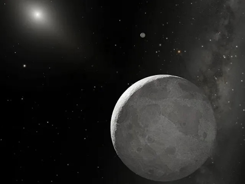 Eris and Pluto: Rocky moon-like sphere with much smaller sphere above it and bright star in distance.