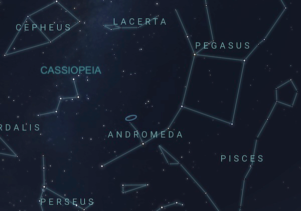 Animation of a star chart to show how to find Andromeda Galaxy from the constellation Cassipeia.