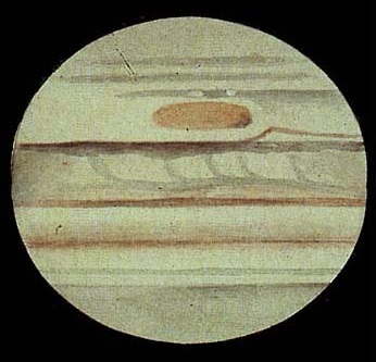 Colored sketch showing Jupiter with brownish bands and near the top is an oval orangish patch that is quite long.