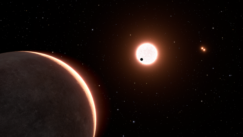 Exoplanet: Rocky planet near bright star, with another closer planet silhouetted against the star. Pair of 2 other stars in the distance.