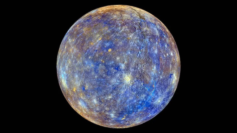 Glaciers on Mercury: Planet with mottling of various colors on its cratered surface, with black background.
