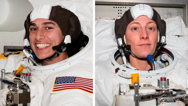 Portraits of two female astronauts in spacesuits without helmets.