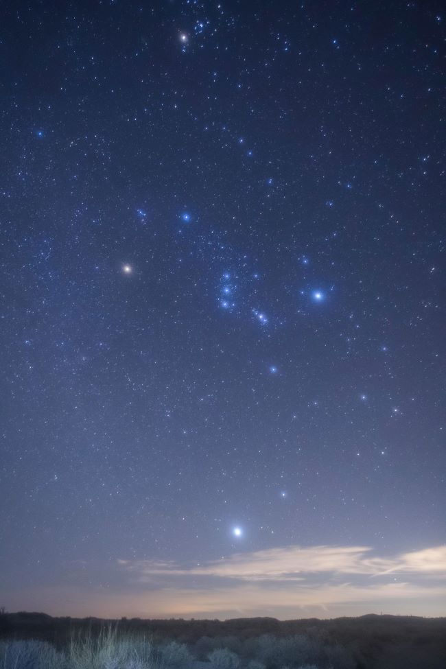 The constellation Orion, with bluish stars except for one bright, orangish star at upper left, over a dark landscape.