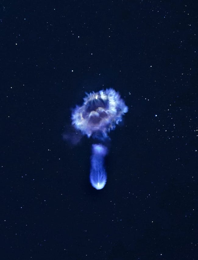 CRS-29: Expanding, ethereal, light blue-colored plume resembling a jellyfish in a dark sky.
