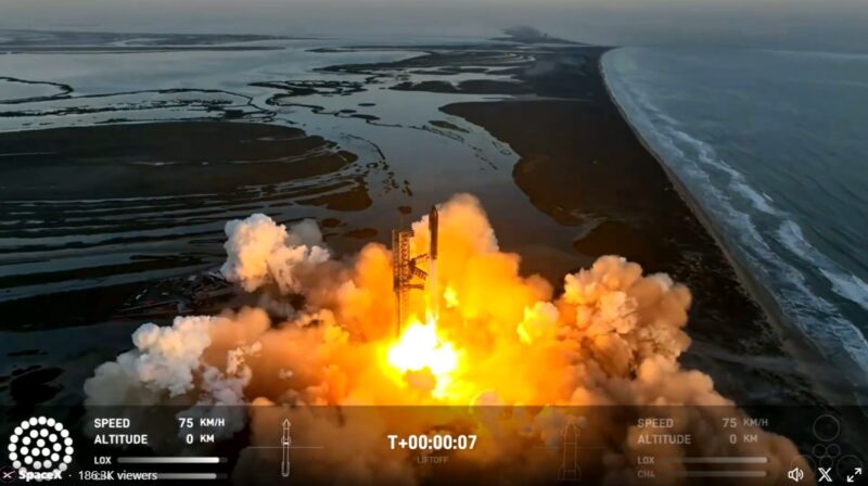 SpaceX Starship: Screenshot of a rocket lifting off with orange fire and smoke below along a quiet beachfront.