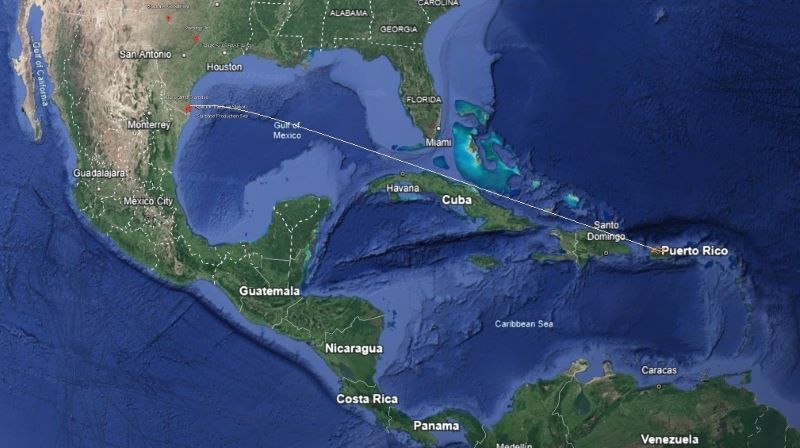 Line drawn across a map from Texas through Gulf of Mexico and Caribbean ending near Puerto Rico.