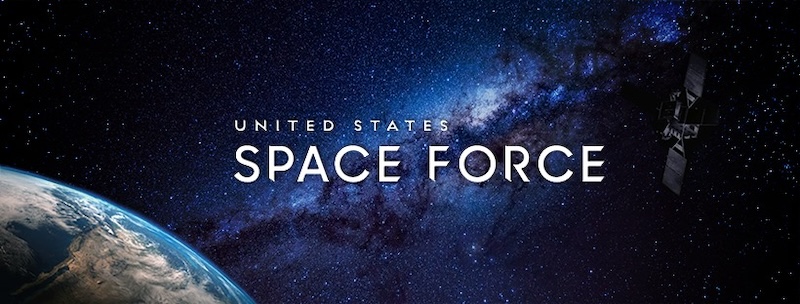 Space Force: Part of Earth on left, satellite on right and words United States Space Force in white text, with stars in background.
