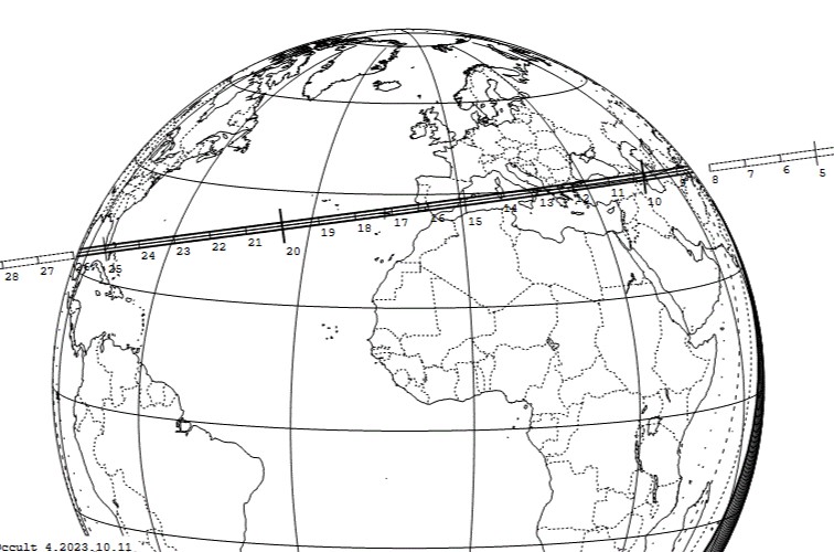 Betelgeuse will dim: Black-and-white chart of the globe with a straight line from Middle East, across southern Europe and the Atlantic, to Caribbean area.