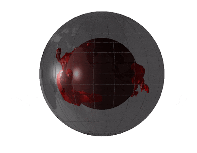 Rotating ball with deep red, spherical central core that has 2 irregular masses bulging out of it.