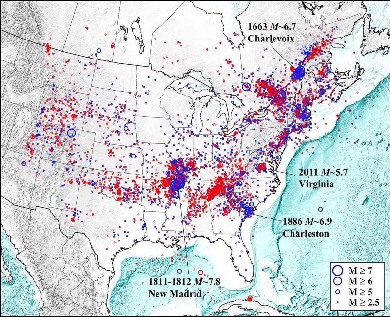 A map of central and eastern US and Canada showing hundreds of red and blue dots, some in very dense bunches.