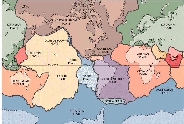 A flat map of Earth, covered in colored sections for the many tectonic plates.