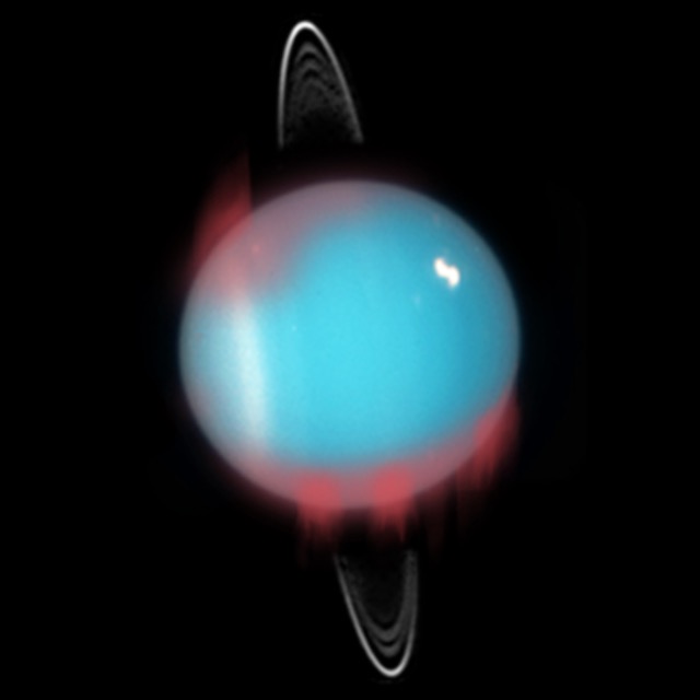 Auroras for Uranus: Sky-blue planet with a bright white spot, red fuzzy spots on the edges and thin rings.