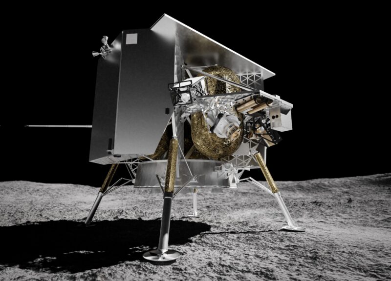 Box-shaped landing vehicle on the lunar surface.