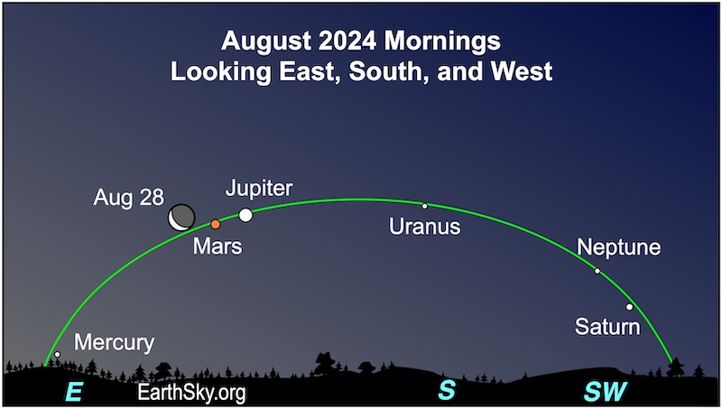 Chart showing a green arcing line along a wide horizon showing the planets Mercury, Mars, Jupiter, Uranus, Neptune, Saturn and the moon with labels.