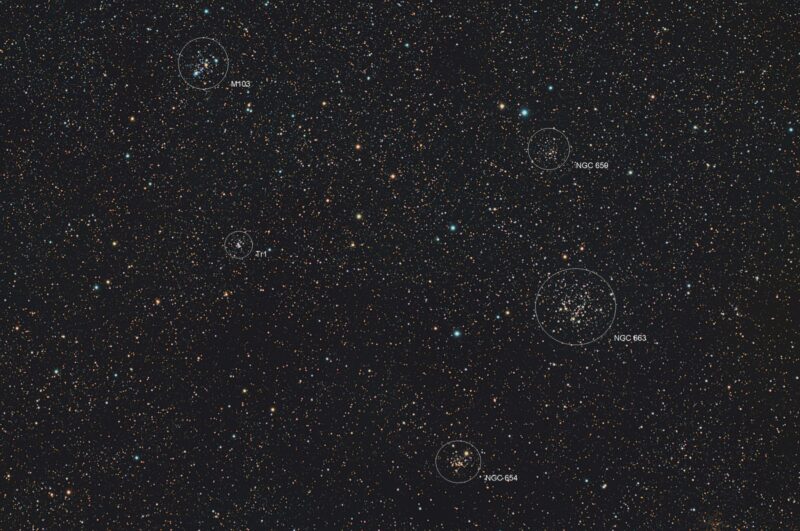 Five circled groupings of stars, four small and one large, in a dense star field.