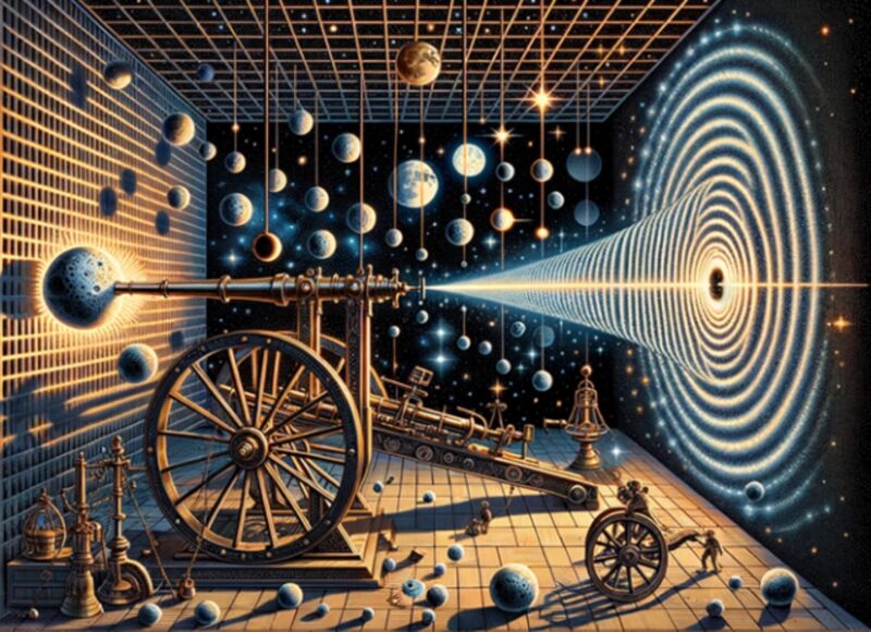 Einstein's gravity and quantum: Confusing graphic of an old machine with wheels and a sort of telescope projecting a spiral, and lots of planets.